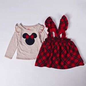 Toddler Girl Disney Junior Minnie 2 Piece Buffalo Plaid Suspender Skirt Set
